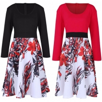 Fashion Long Sleeve Round Neck High Waist Contrast Color Printed Dress