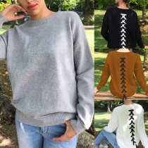 Fashion Solid Color Long Sleeve Round Neck Lace-up Sweatshirt 