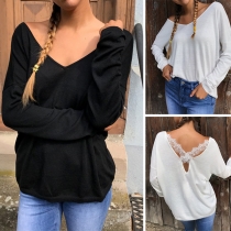 Sexy Lace Spliced Crossover Backless Long Sleeve V-neck T-shirt 