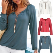 Fashion Solid Color Round Neck Long Sleeve Drawstring T-shirt