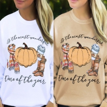 Cute Cartoon Pumpkin Printed Long Sleeve Round Neck Sweatshirt 