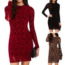 Sexy Backless Long Sleeve Round Neck Totem Printed Tight Dress