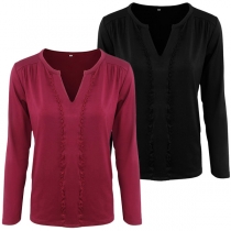Fashion Solid Color Long Sleeve V-neck Lace Spliced T-shirt