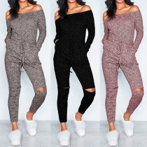 Sexy Off-shoulder Boat Neck Long Sleeve High Waist Ripped Jumpsuit