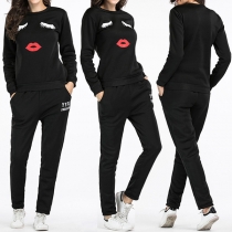 Fashion Red-lip Printed Long Sleeve Round Neck Casual Sports Suit