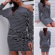 Fashion Dolman Sleeve Round Neck Slim Fit Striped Dress