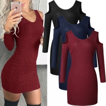 Sexy Off-shoulder Long Sleeve Round Neck Solid Color Tight Knit Dress