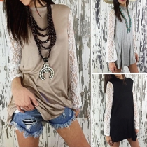 Fashion Lace Spliced Long Sleeve Mock Neck Loose T-shirt