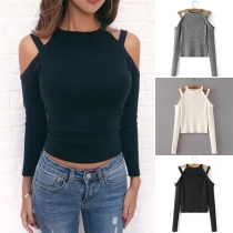 Sexy Off-shoulder Long Sleeve Round Neck Solid Color Knit Top 