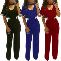Sexy V-neck Lace Spliced Short Sleeve High Waist Solid Color Jumpsuit