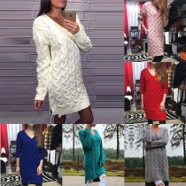 Fashion Solid Color Long Sleeve V-neck High-low Hem Sweater Dress