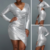 Sexy Deep V-neck Irregular Hem Long Sleeve Bodycon Dress