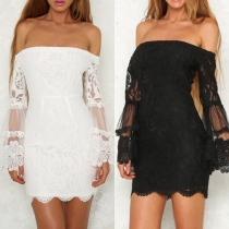 Sexy Off-shoulder Boat Neck Trumpet Sleeve Slim Fit Lace Dress