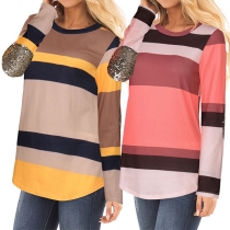 Fashion Contrast Color Long Sleeve Round Neck Sequin Spliced T-shirt 