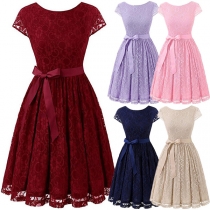 Elegant Solid Color Short Sleeve Round Neck Lace Princess Dress