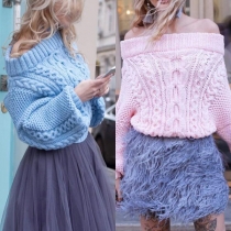 Sexy Off-shoulder Boat Neck Puff Sleeve Solid Color Sweater