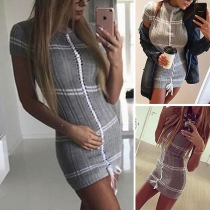 Fashion Contrast Color Short Sleeve Round Neck Tight Knit Dress