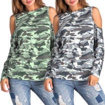 Sexy Off-shoulder Long Sleeve Round Neck Camouflage Printed T-shirt 