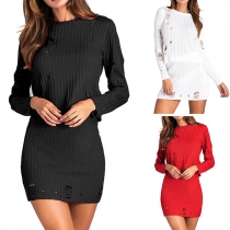 Distressed Style Long Sleeve Ripped Knit Top + High Waist Knit Skirt Two-piece Set