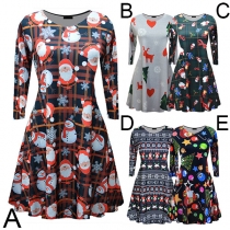 Fashion Long Sleeve Round Neck Printed Dress