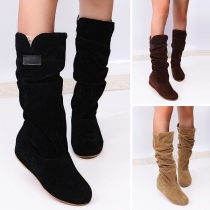 Fashion Solid Color Flat Heel Round Toe Lace Spliced Boots