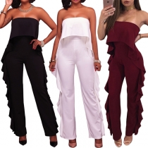Sexy Strapless High Waist Solid Color Ruffle Jumpsuit 