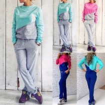 Fashion Contrast Color Long Sleeve Sweatshirt + Pants Sports Suit