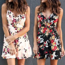 Sexy V-neck Hollow Out Lace-up Printed Sling Dress