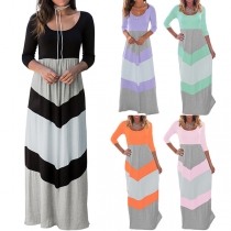 Fashion Long Sleeve Round Neck High Waist Contrast Color Maxi Dress