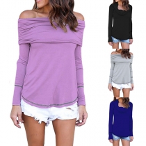 Fashion Off-shoulder Solid Color Long Sleeve Boat Neck Shirt