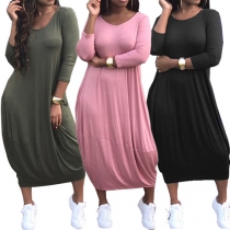 Fashion Solid Color Long Sleeve Round Neck Loose Dress