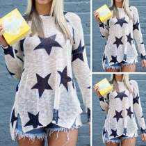 Fresh Style Long Sleeve Round Neck Star Printed Loose T-shirt 