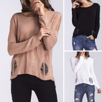 Fashion Solid Color Long Sleeve Round Neck Hollow Out Ripped Knit Sweater 