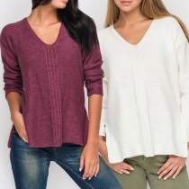 Fashion V-neck Solid Color Side Slit Long Sleeve Knit Top