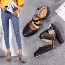 Fashion Solid Color Round Toe Cutout Self-tie Ankle-wrap Thick Heel Shoes