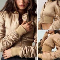 Fashion Solid Color Long Sleeve Stand Collar Bomber Jacket