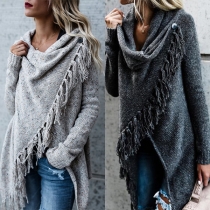 Fashion Solid Color Long Sleeve Irregular Hem Tassel Shawl Sweater