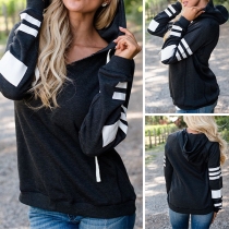 Fashion Contrast Color Long Sleeve V-neck Loose Hoodie