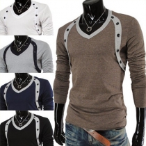 Fashion Long Sleeve V-neck Double-breasted Men's T-shirt
