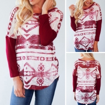 Ethnic Style Long Sleeve Round Neck Printed T-shirt 