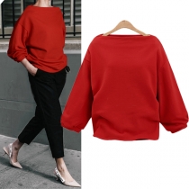 Fashion Solid Color Long Sleeve Boat Neck Sweatshirt