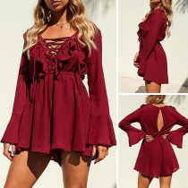 Sexy Lace-up Deep V-neck Trumpet Sleeve Ruffle Romper 