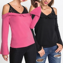 Sexy Off-shoulder Trumpet Sleeve Lace Spliced Top