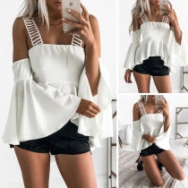 Sexy Off-shoulder Trumpet Sleeve Irregular Ruffle Hem Solid Color Top