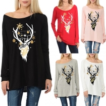 Fashion Elk Printed Long Sleeve Round Neck Loose T-shirt 
