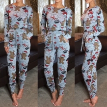 Fashion Long Sleeve Round Neck Printed T-shirt + Pants Two-piece Set