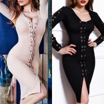 Sexy Deep V-neck Long Sleeve Solid Color Lace-up Tight Dress