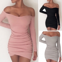 Sexy Off-shoulder Boat Neck Long Sleeve Solid Color Mini Tight Dress