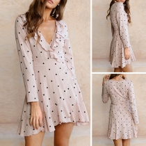 Sexy Deep V-neck Long Sleeve Dots Printed Ruffle Dress