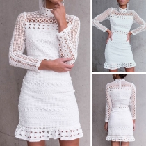 Sexy Long Sleeve High Neck Slim Fit Hollow Out Lace Dress